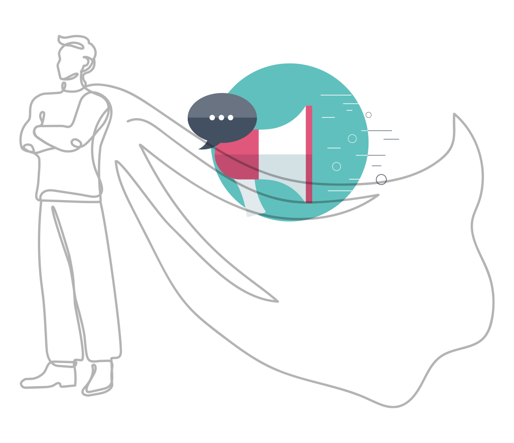 Outline drawing of man in a cape, along with a red megaphone icon that is telling about the email lead generation service.